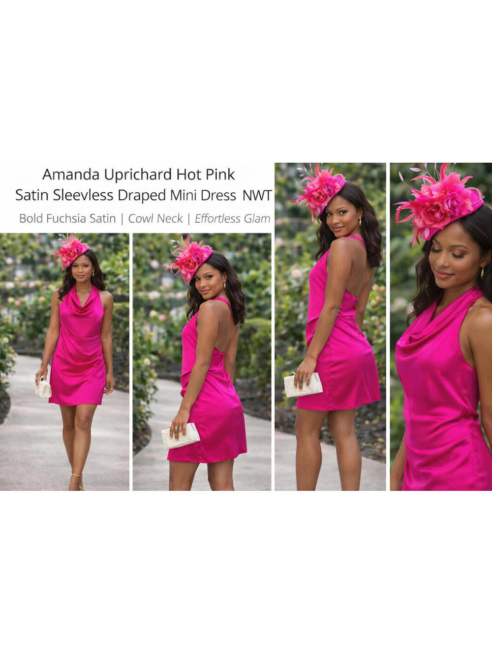 Amanda Uprichard Fuchsia Satin Cowl Neck Mini Dress Size L NWT Open Back Party